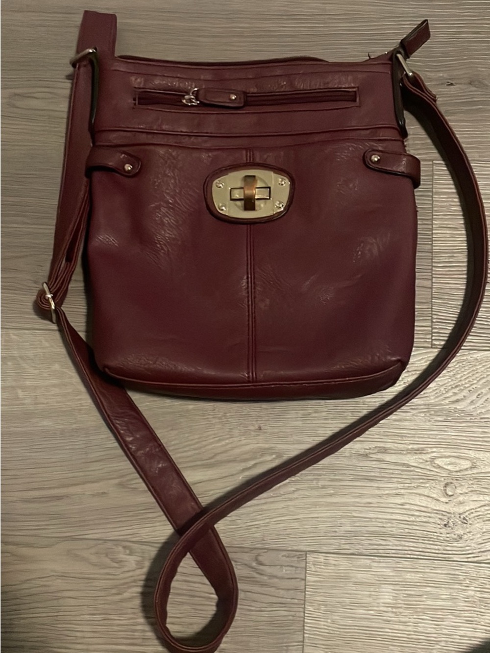 Burgundy Leather-Look Crossbody Bag with Gold Turn-Lock